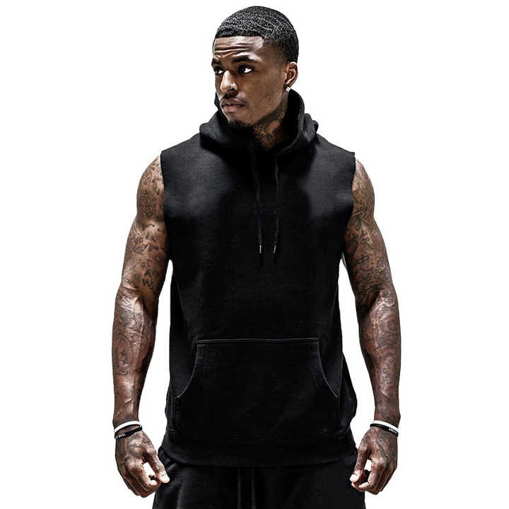 Custom Logo Jogger Workout Hooded Bodybuilding Muscle Men's Sleeveless Gym Hoodie Cut Cotton Tank Tops Men